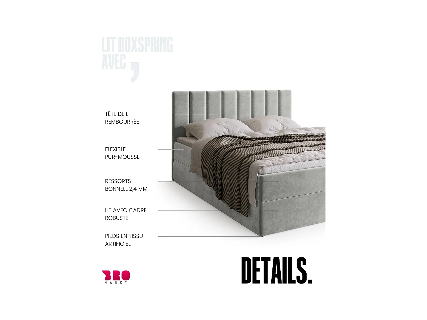 Lit boxspring avec rangement DENVER - matelas - surmatelas - gris clair - 160x200 cm