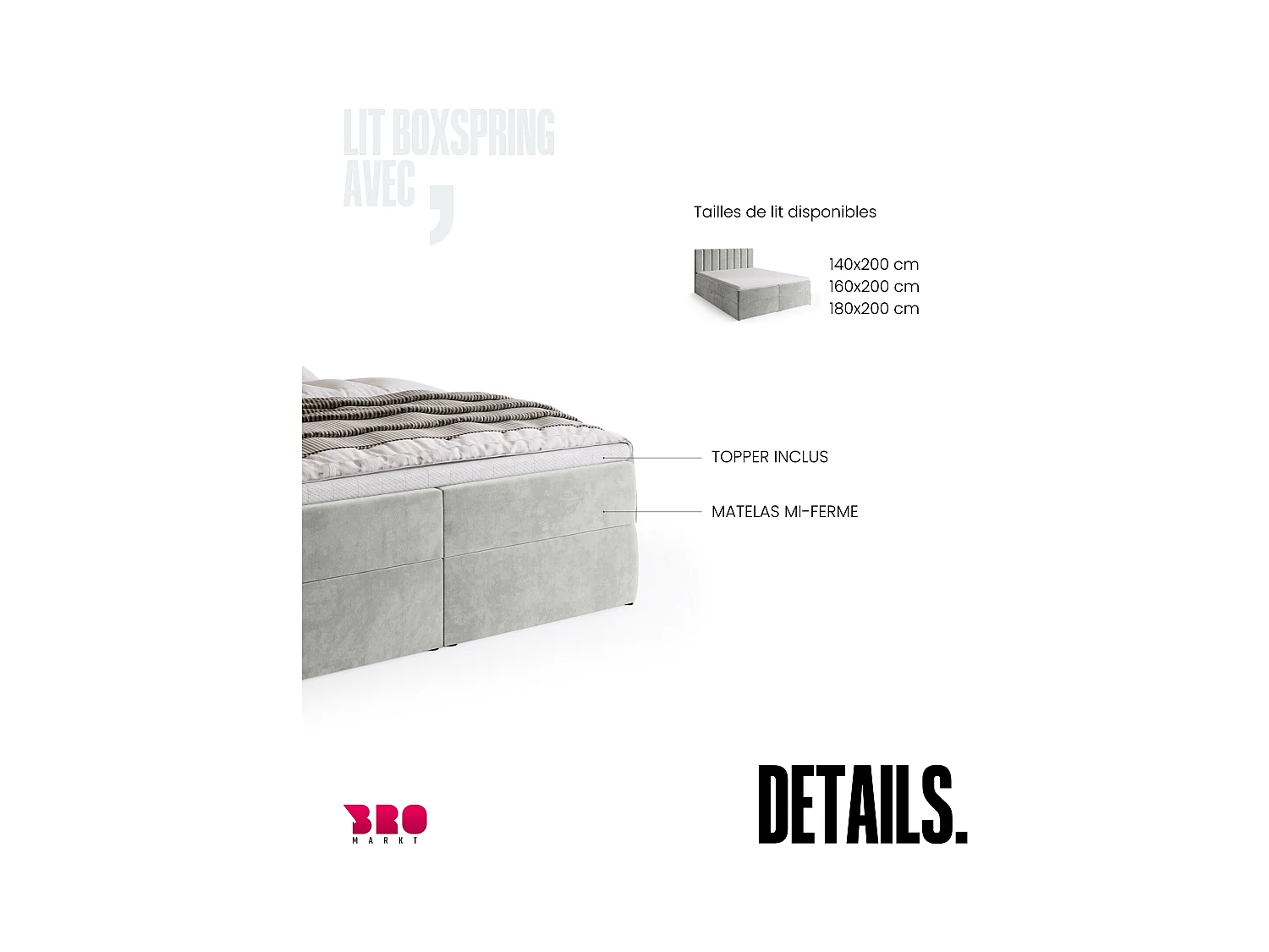 Lit boxspring avec rangement DENVER - matelas - surmatelas - gris clair - 160x200 cm