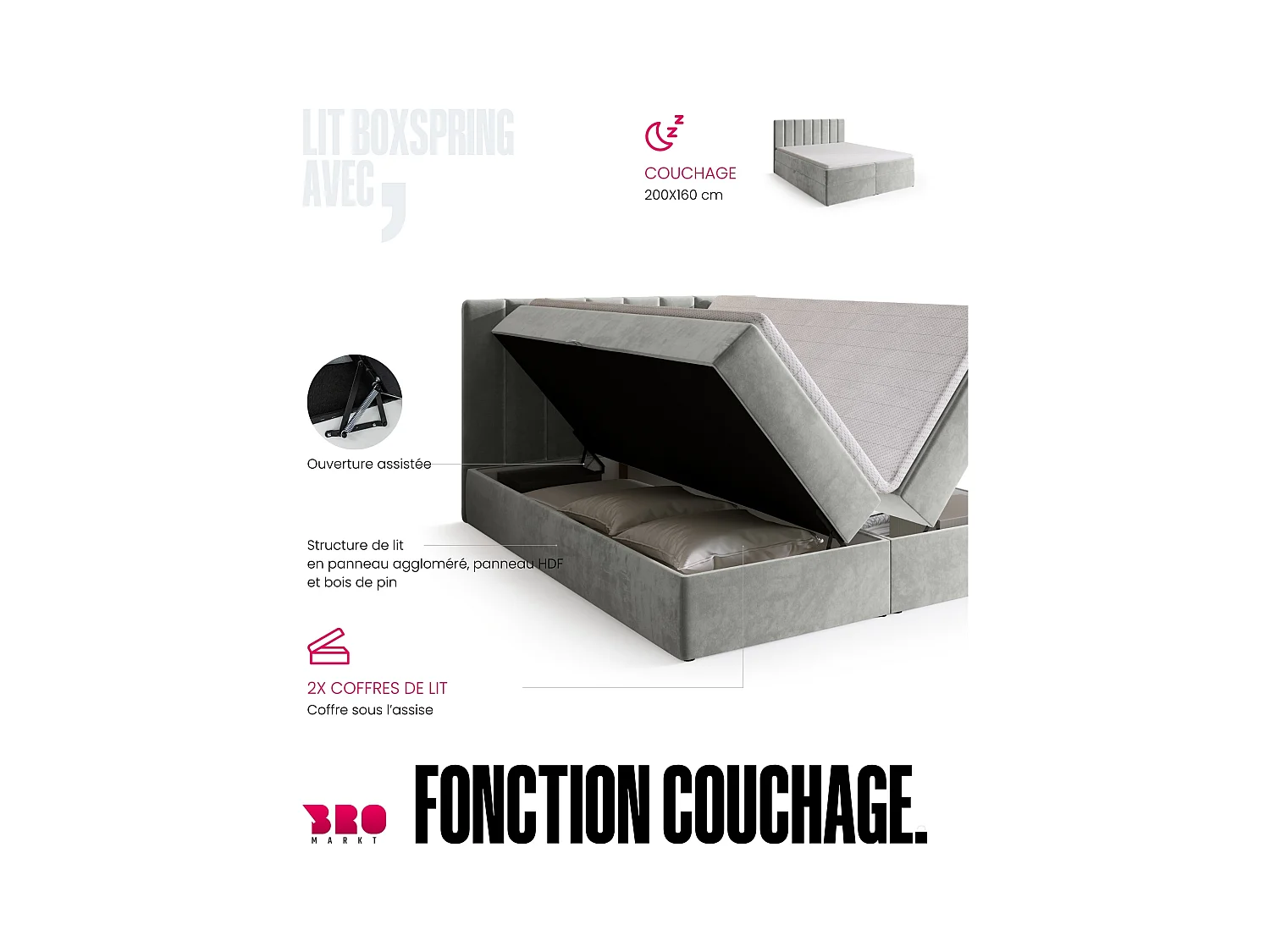 Lit boxspring avec rangement DENVER - matelas - surmatelas - gris clair - 160x200 cm