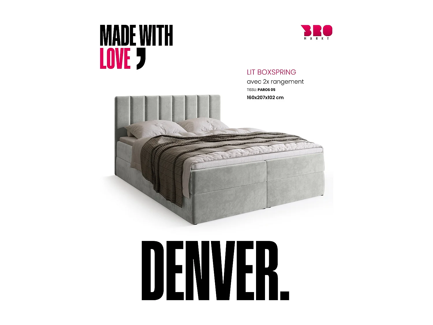 Lit boxspring avec rangement DENVER - matelas - surmatelas - gris clair - 160x200 cm