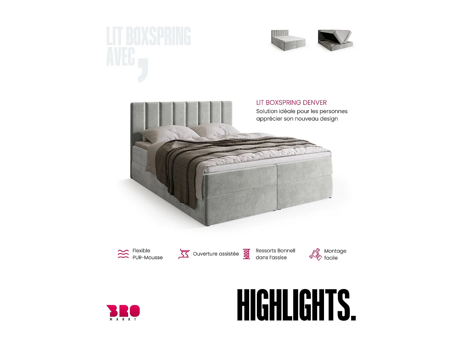 Lit boxspring avec rangement DENVER - matelas - surmatelas - gris clair - 160x200 cm