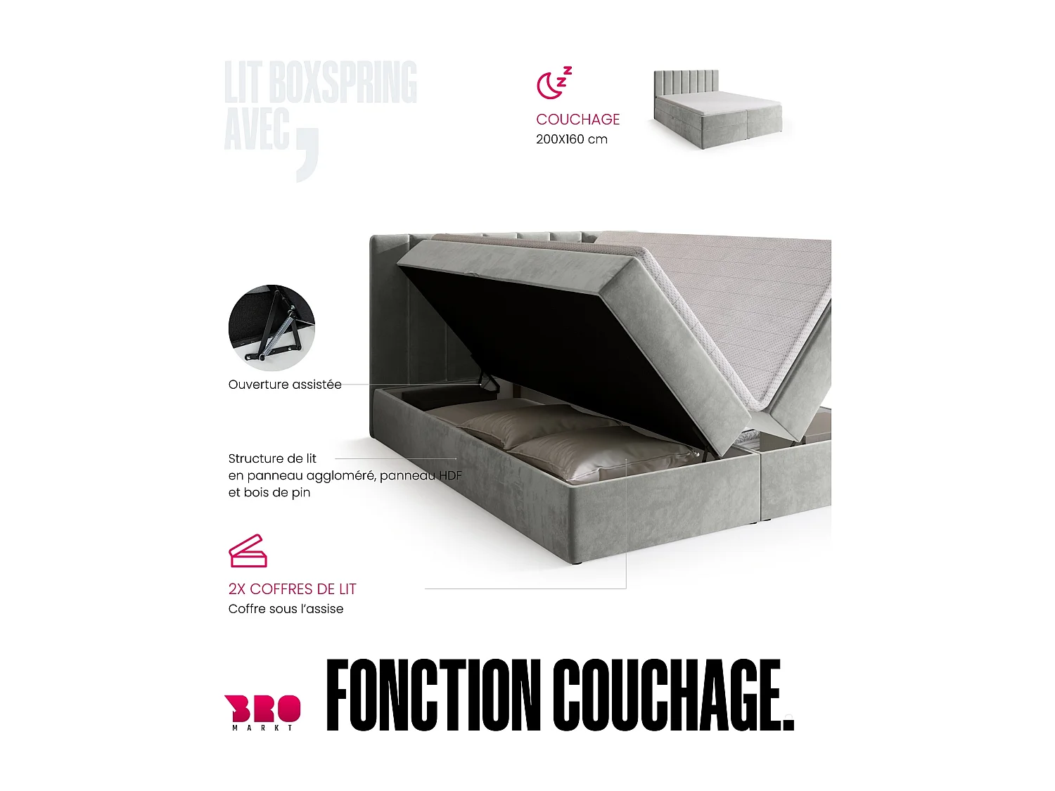 Lit boxspring avec rangement DENVER - matelas - surmatelas - gris clair - 160x200 cm