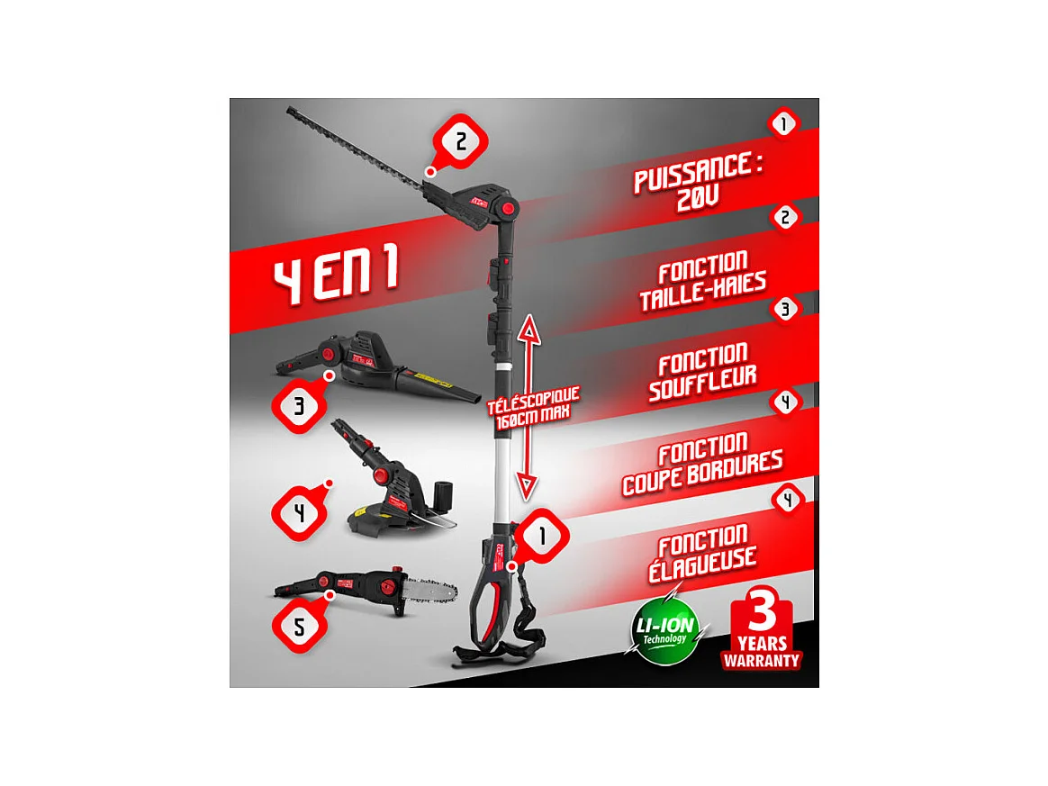 Outil de jardin multifonctions 4 en 1 sans fil 20V - Elem Garden Technic