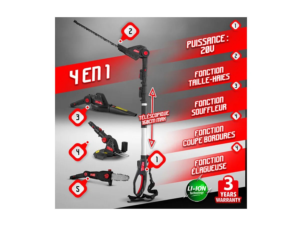 Outil de jardin multifonctions 4 en 1 sans fil 20V - Elem Garden Technic