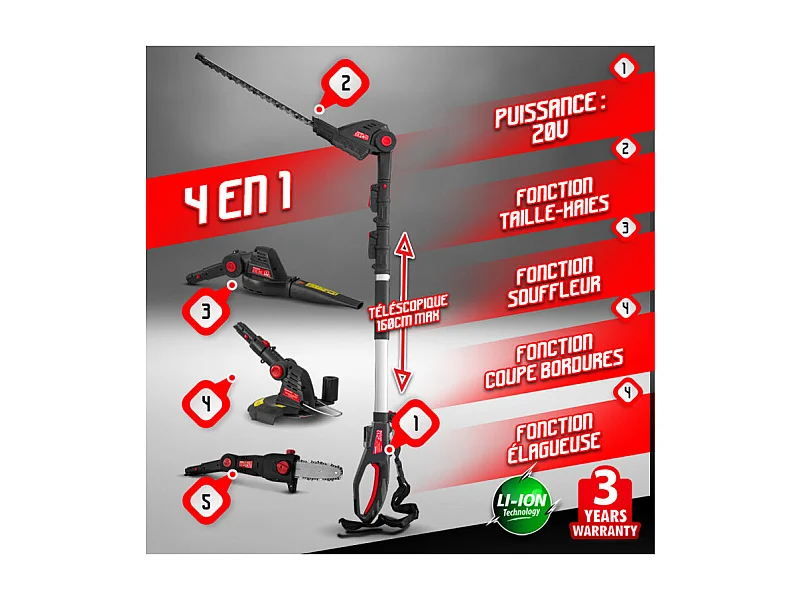 Multifunctionele draadloze tuingereedschap 4-in-1 20V - Elem Garden Technic