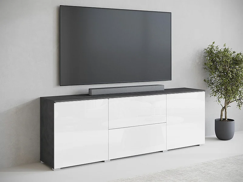 Meuble TV Sarasota 190, Blanc brillant|Matera gris, 180x62x35cm