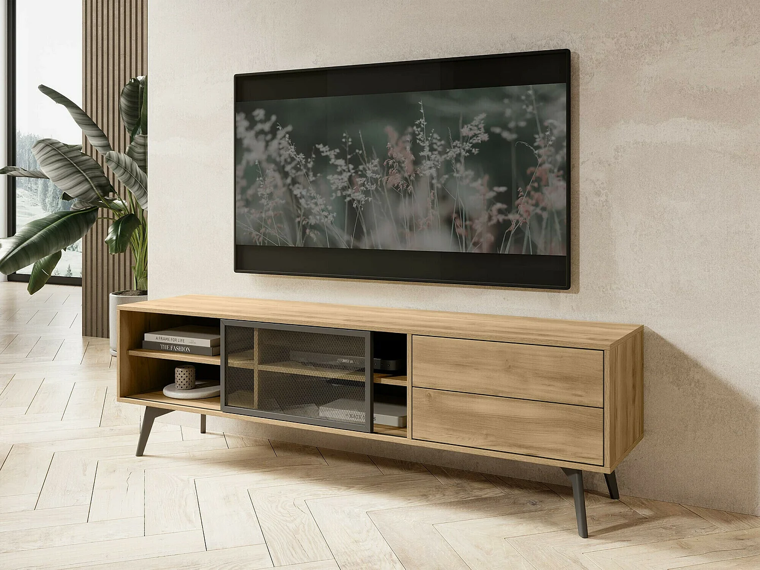 Meuble TV Lima 128, Chêne|Noir, 181x54x39cm