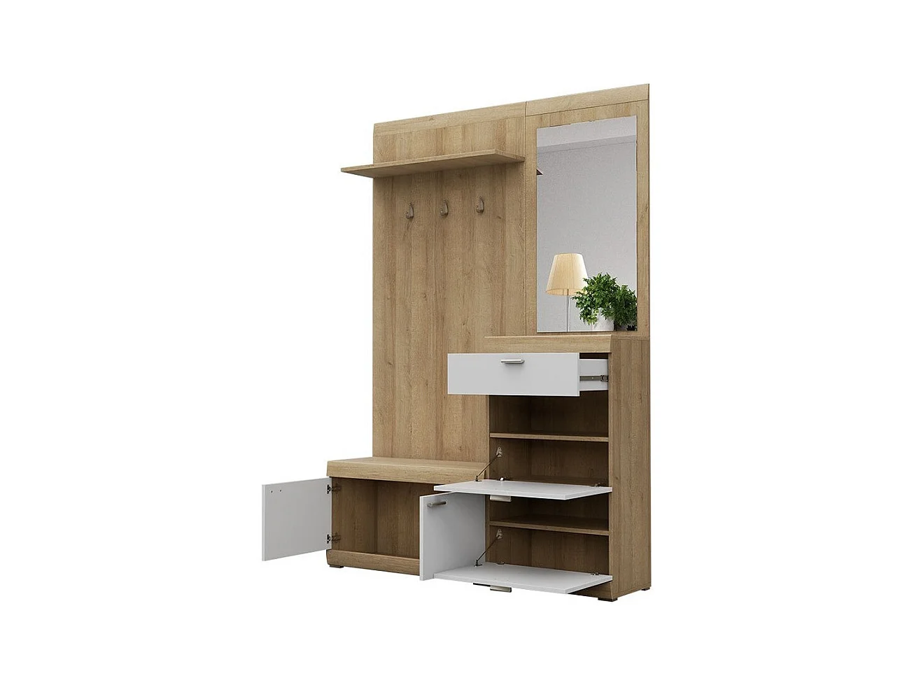 Meuble d'entrée Lima 103, 197x135x34cm, Miroir, Riviera chêne|Blanc, Stratifié|MDF