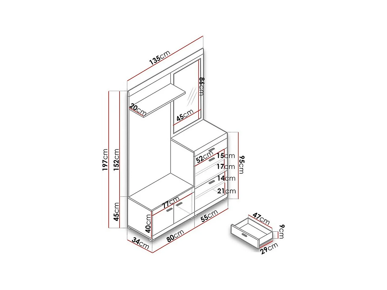 Meuble d'entrée Lima 103, 197x135x34cm, Miroir, Riviera chêne|Blanc, Stratifié|MDF