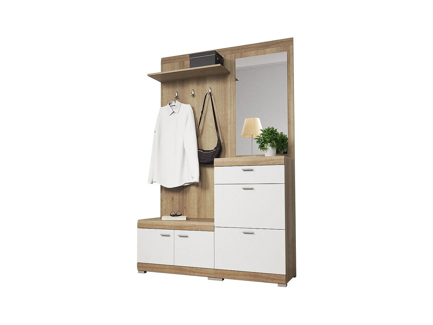 Meuble d'entrée Lima 103, 197x135x34cm, Miroir, Riviera chêne|Blanc, Stratifié|MDF