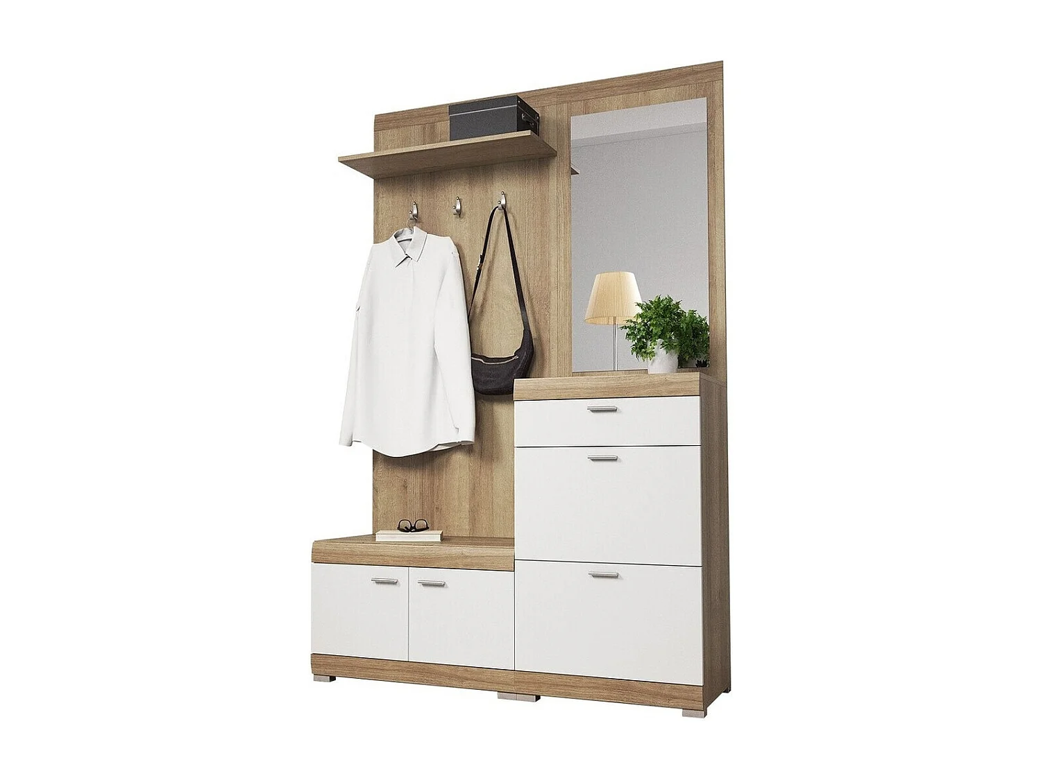 Set mobili da ingresso Lima 103, 197x135x34cm, Specchio, Bianco|Riviera quercia, Da terra