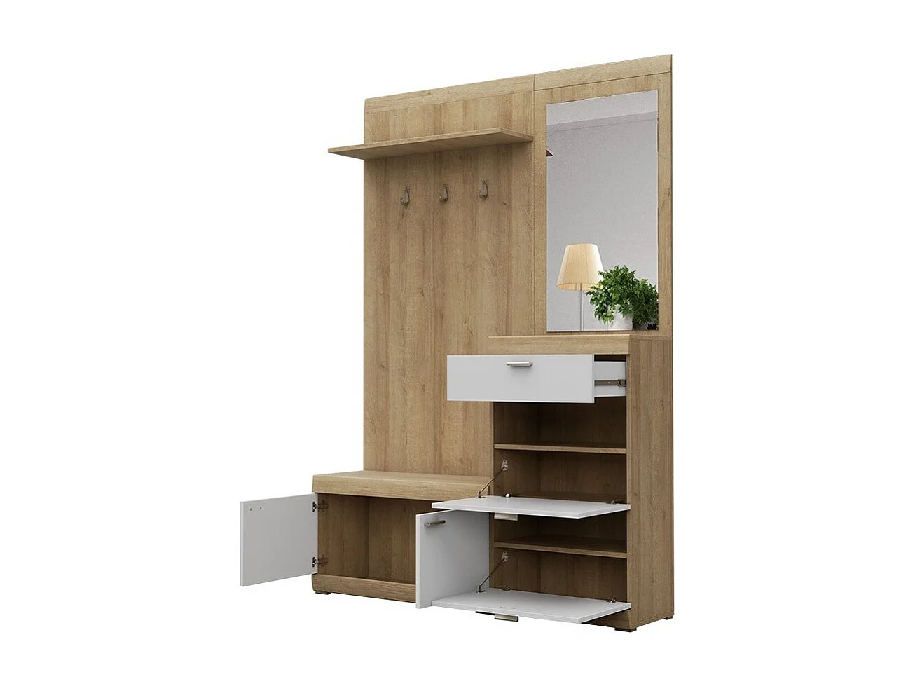 Set mobili da ingresso Lima 103, 197x135x34cm, Specchio, Bianco|Riviera quercia, Da terra