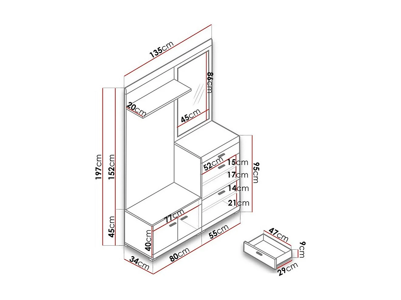 Set mobili da ingresso Lima 103, 197x135x34cm, Specchio, Bianco|Riviera quercia, Da terra