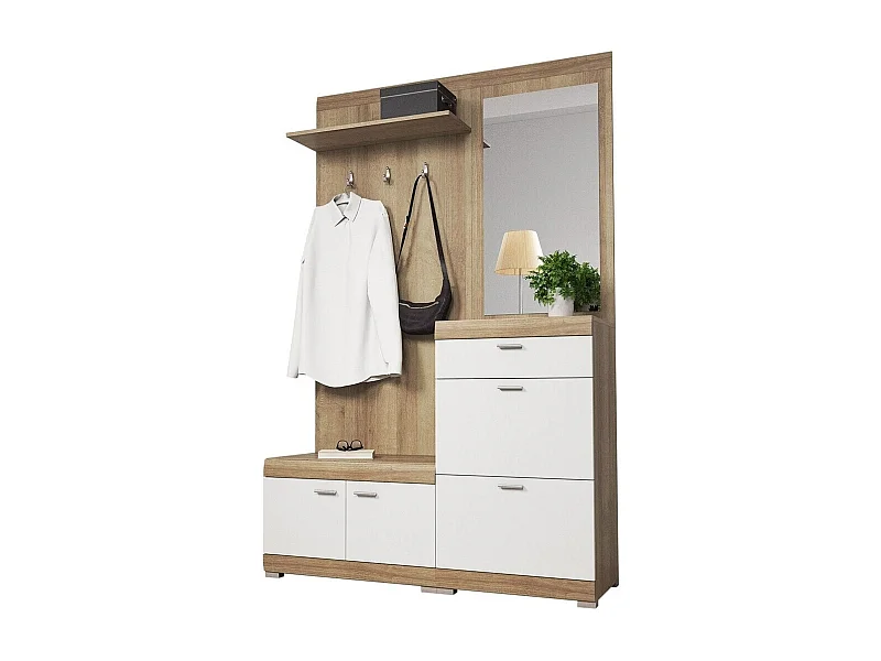 Set mobili da ingresso Lima 103, 197x135x34cm, Specchio, Bianco|Riviera quercia, Da terra