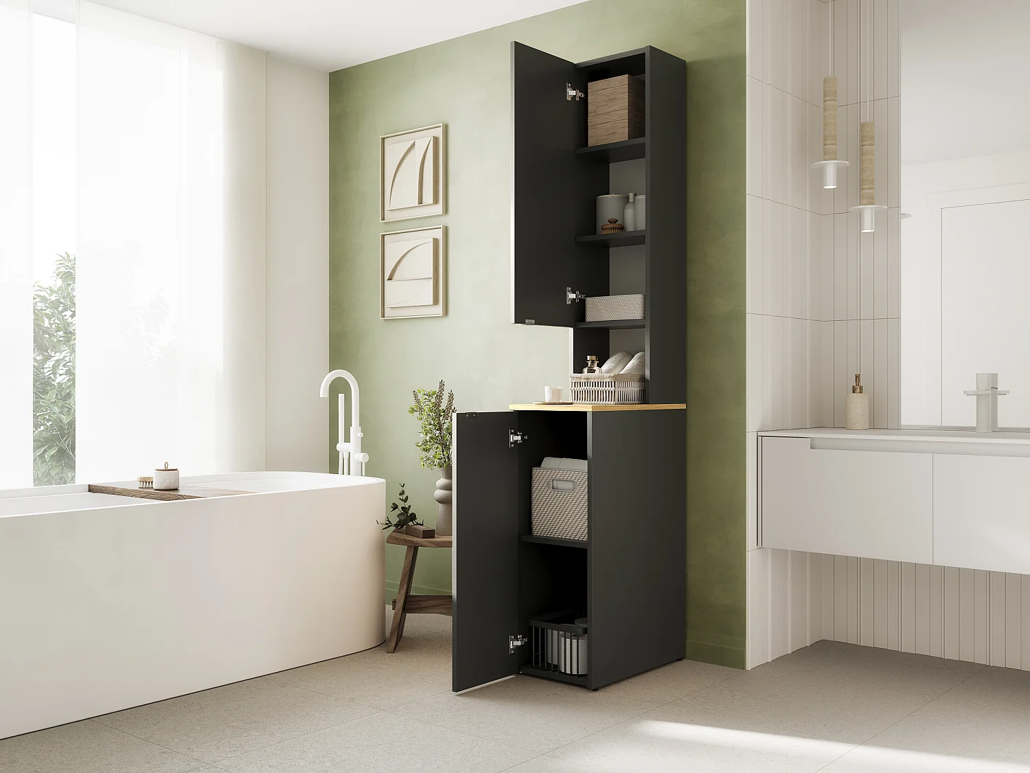 Armario alto de baño - 210 x 33 x 56 cm Armario estrecho de almacenamiento para baño