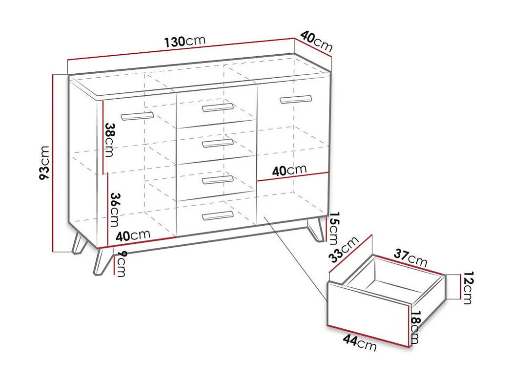 Commode Sorvera 106, Pin Anderson|Chêne, Avec tiroirs et portes, Nombre de tiroirs: 4,
