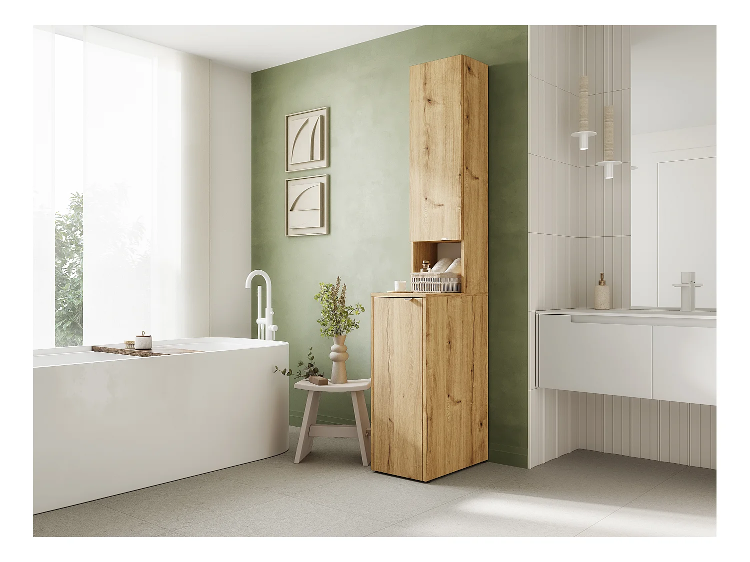 Armoire haute de salle de bain - 210 x 33 x 56 cm Armoire de rangement étroite pour salle de bain
