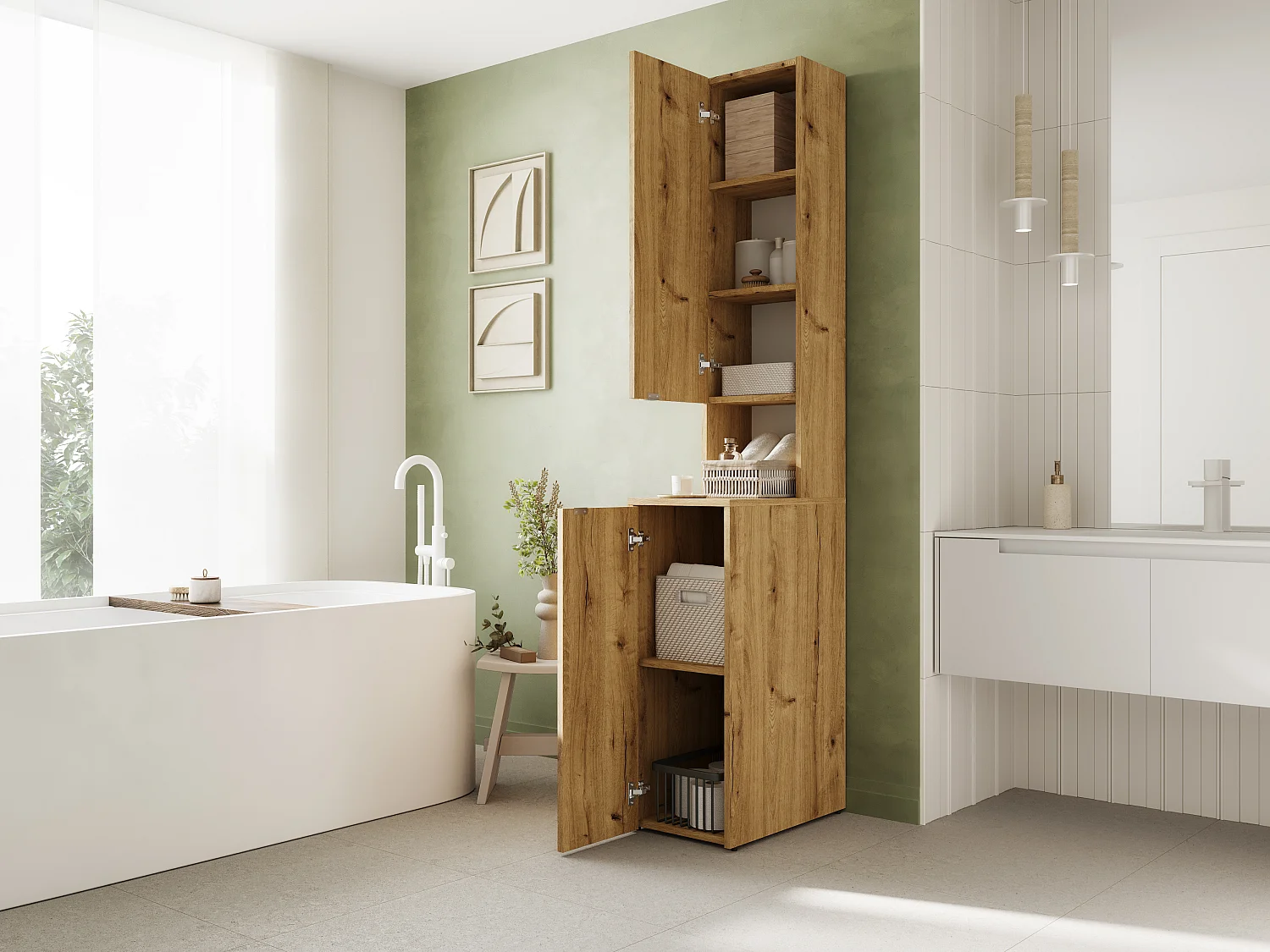 Armario alto de baño - 210 x 33 x 56 cm Armario estrecho de almacenamiento para baño