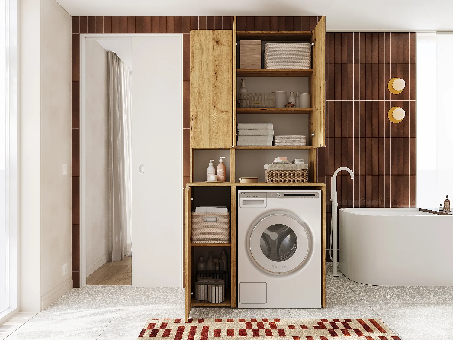 Armario alto de baño - 210 x 33 x 56 cm Armario estrecho de almacenamiento para baño