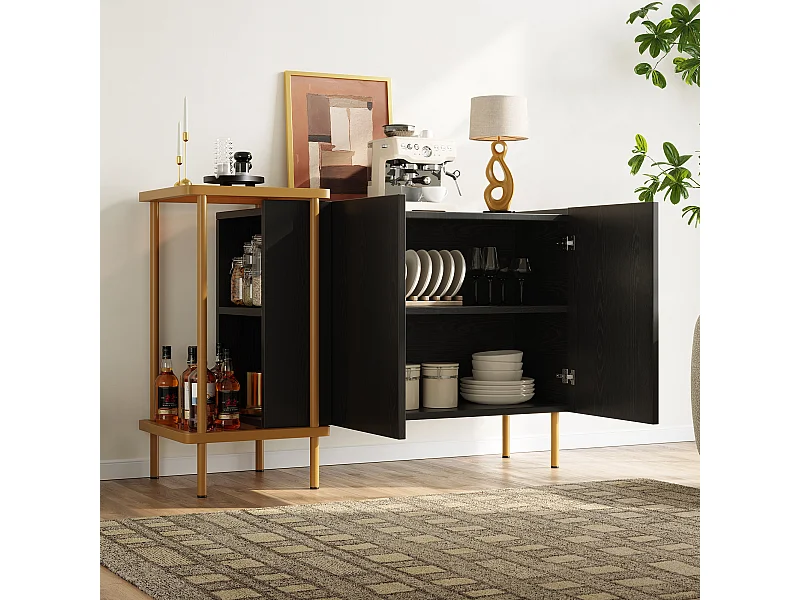 Goud en zwart dressoir met 2 deuren en 2 open vakken, gouden poten 120x40x77,5cm