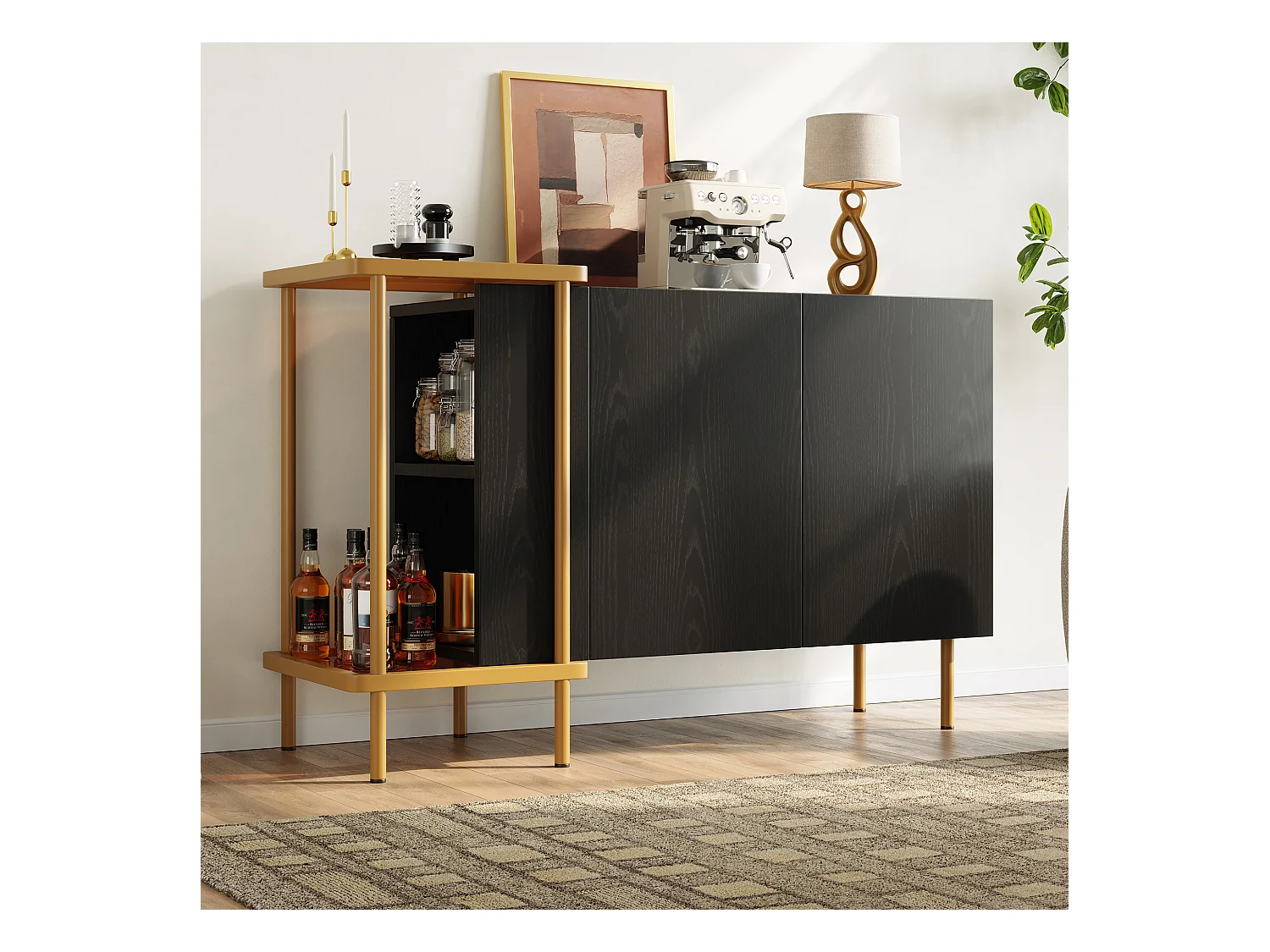 Buffet doré et noir avec 2 portes et 2 compartiments ouverts, pieds dorés 120x40x77,5cm