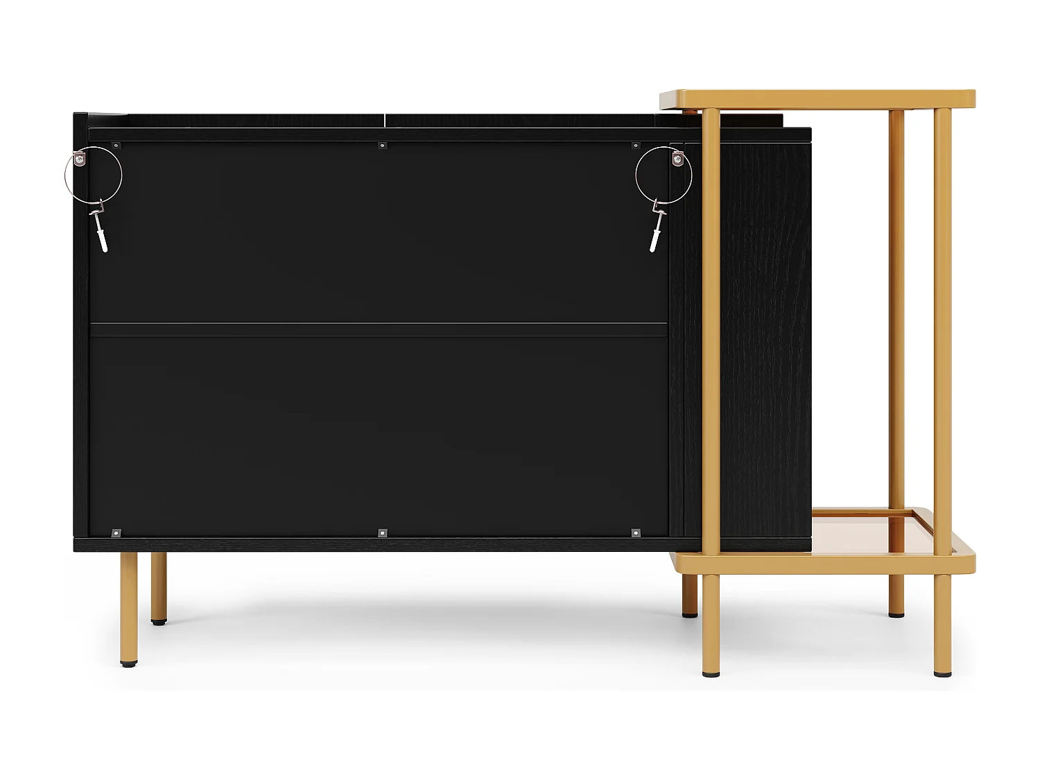 Buffet doré et noir avec 2 portes et 2 compartiments ouverts, pieds dorés 120x40x77,5cm