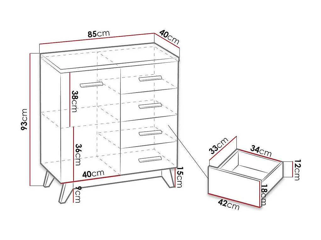 Commode Sorvera 105, Pin Anderson|Chêne, Avec tiroirs et portes, Nombre de tiroirs: 4,