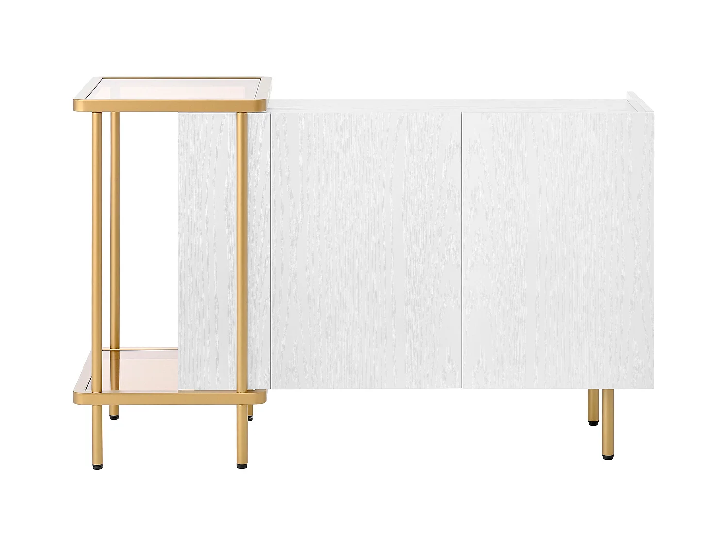 Buffet doré et blanc avec 2 portes et 2 compartiments ouverts, pieds dorés 120x40x77,5cm