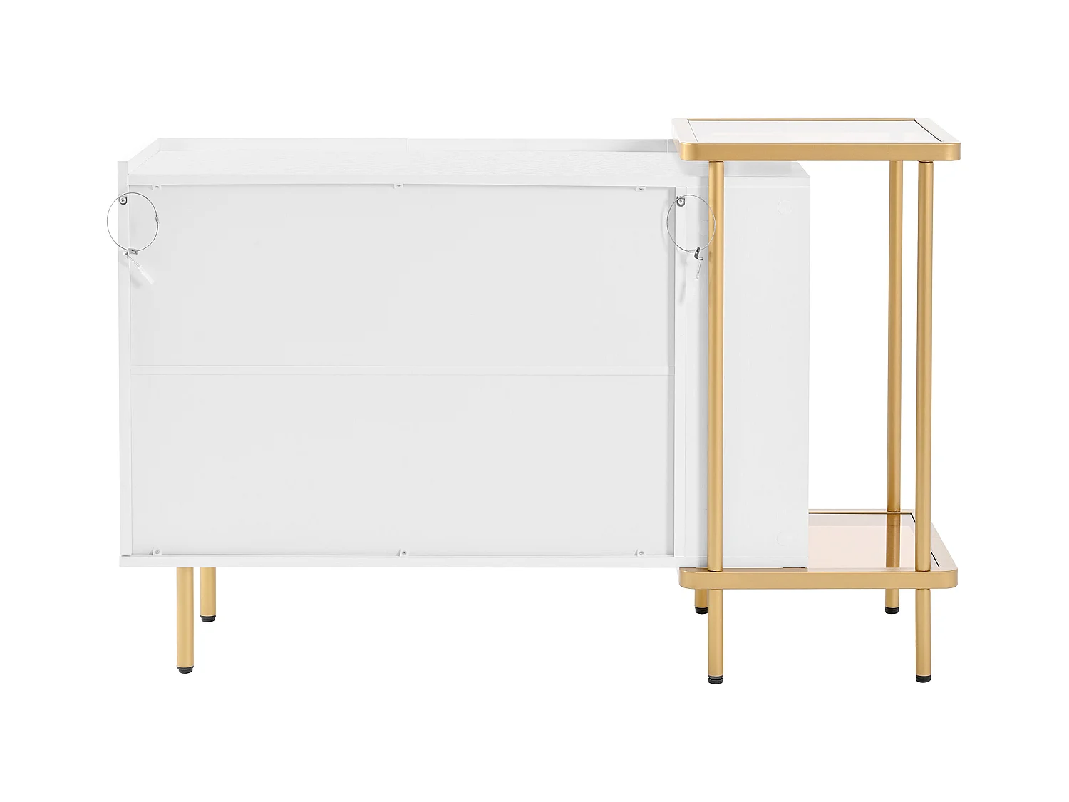 Buffet doré et blanc avec 2 portes et 2 compartiments ouverts, pieds dorés 120x40x77,5cm