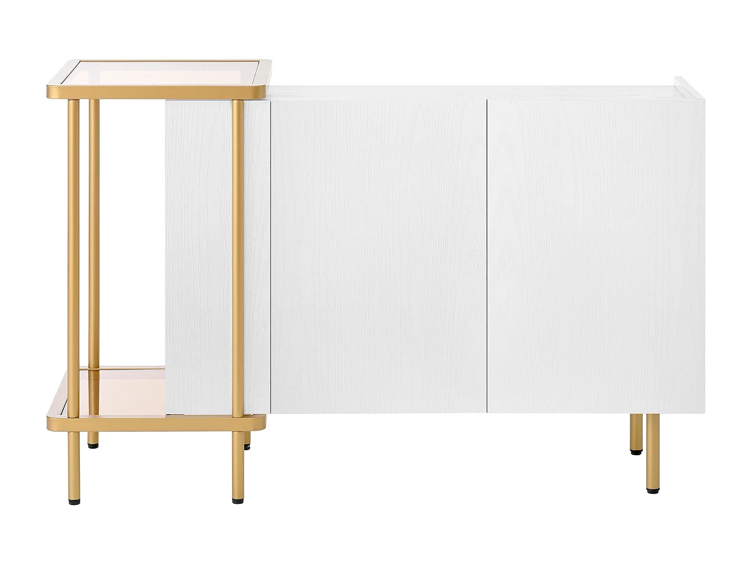 Buffet doré et blanc avec 2 portes et 2 compartiments ouverts, pieds dorés 120x40x77,5cm