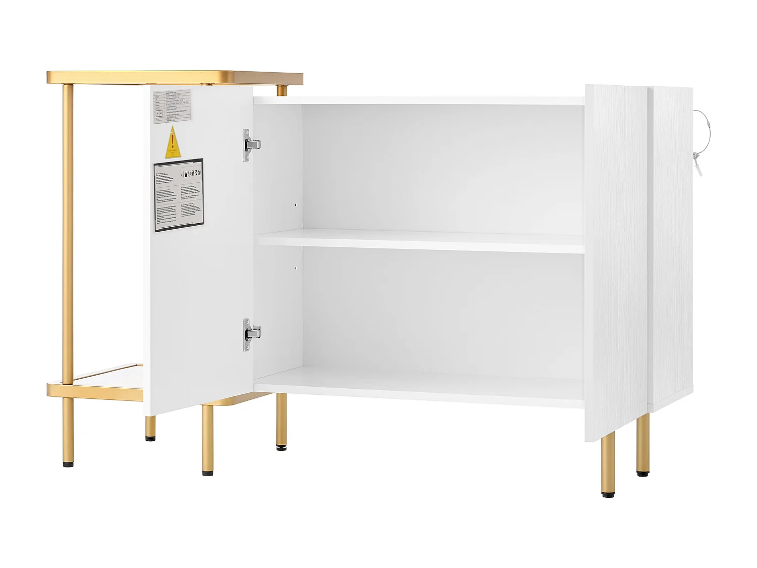 Buffet doré et blanc avec 2 portes et 2 compartiments ouverts, pieds dorés 120x40x77,5cm