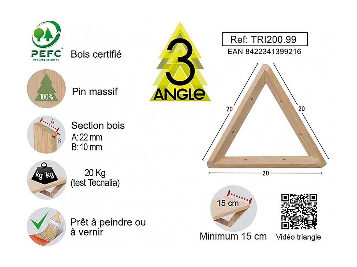 Equerre triangle en pin brut (Lot de 2)