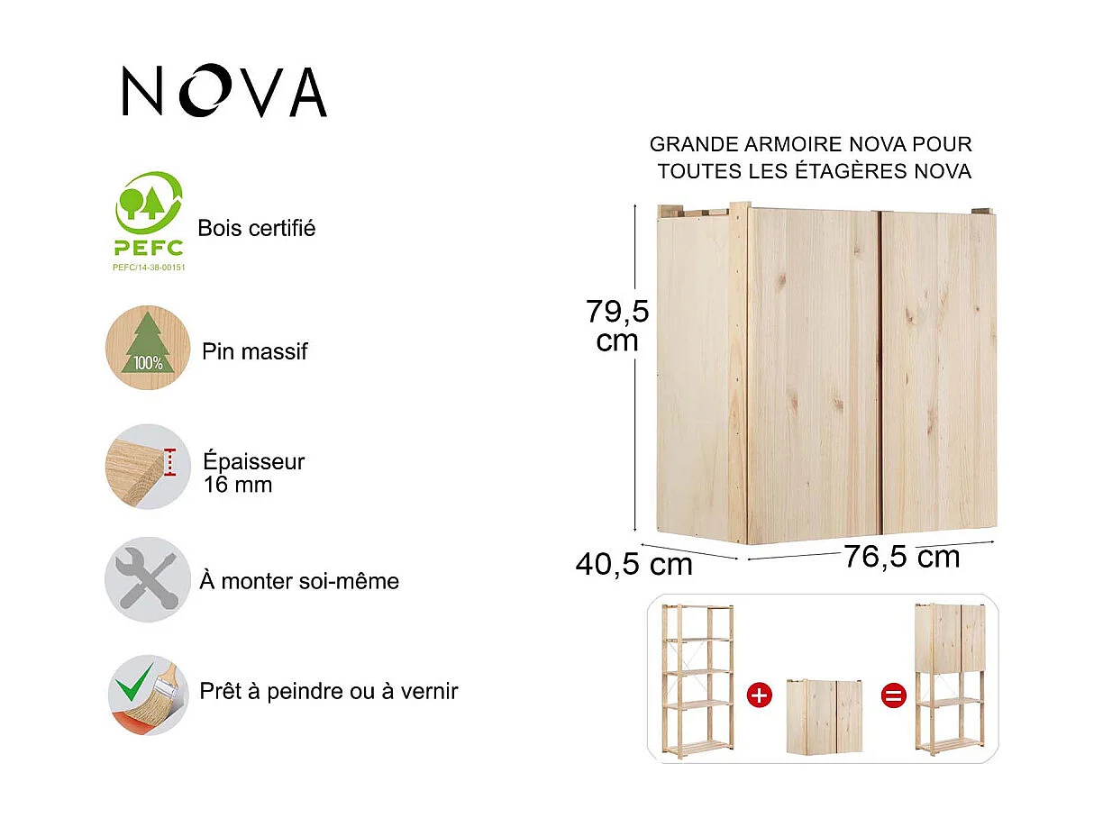 Armoire de rangement en pin massif Nova 76.5 x 40.5 x 79.5 cm