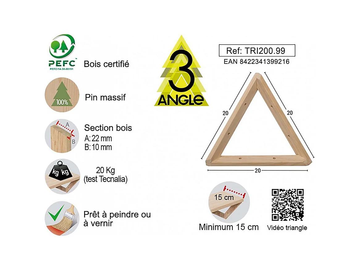 Equerre triangle en pin brut 20 cm