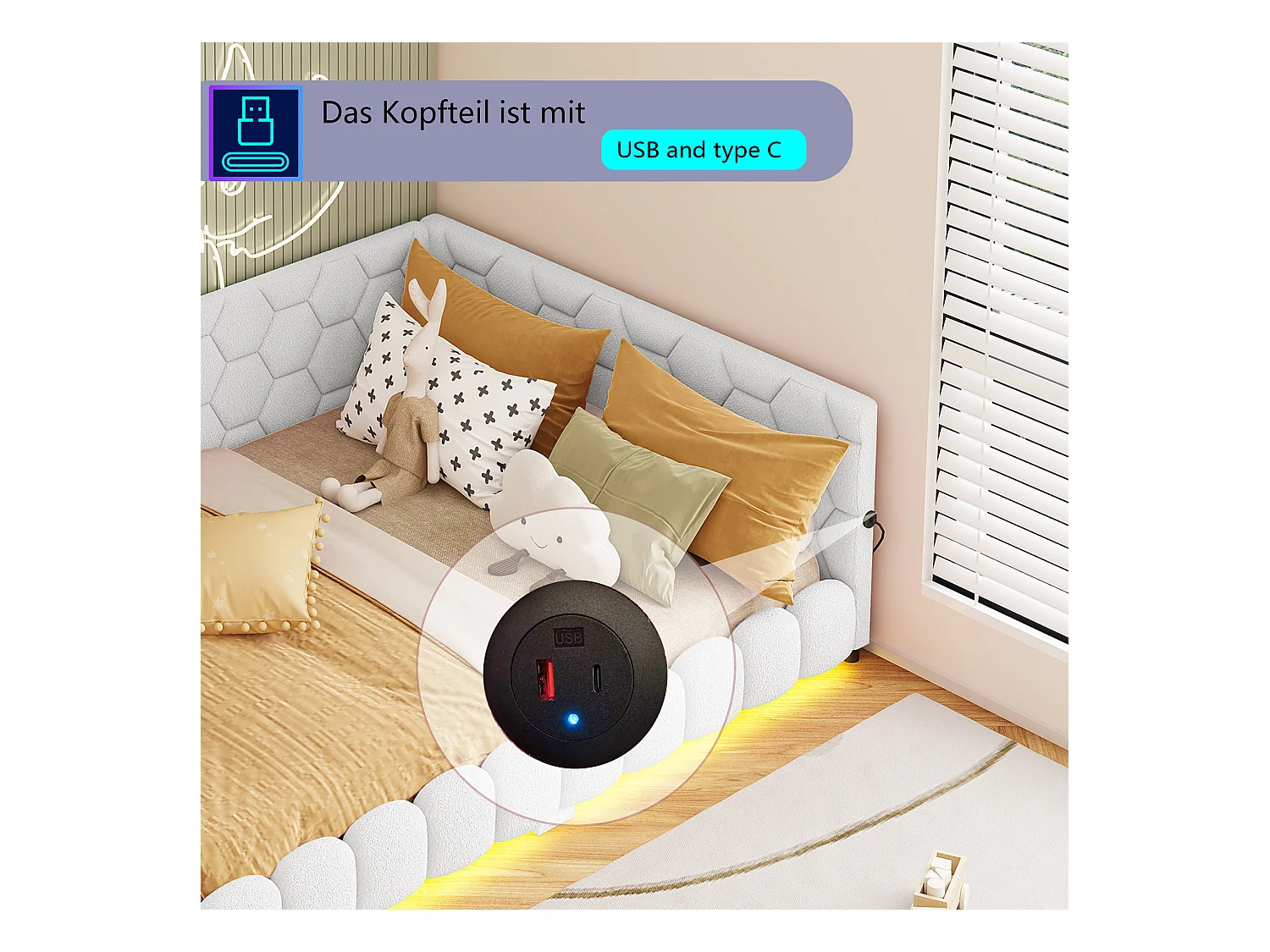 Canapé-lit 140*200cm, lumière ambiante 16 couleurs, port USB, blanc