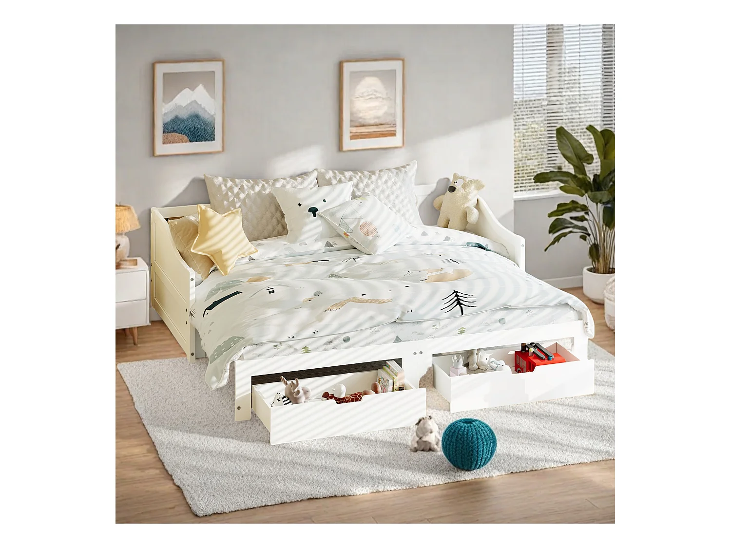 Sofá-cama de 90x200 cm em madeira maciça com 2 gavetas, extensível para uma cama de casal de 180x200 cm, prático e resistente