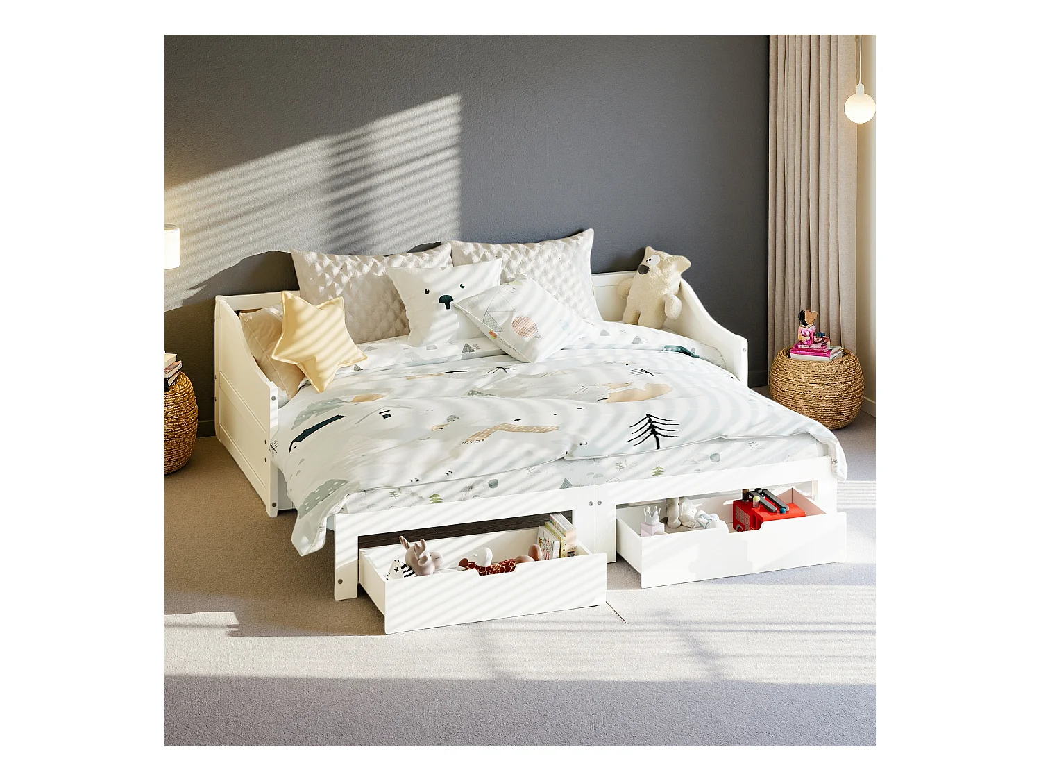 Canapé-lit en bois massif 90x200 cm avec 2 tiroirs, extensible en lit double 180x200 cm, pratique et solide