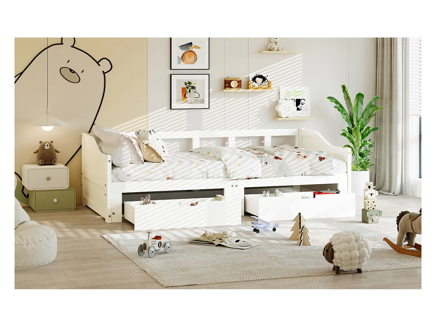 Canapé-lit en bois massif 90x200 cm avec 2 tiroirs, extensible en lit double 180x200 cm, pratique et solide