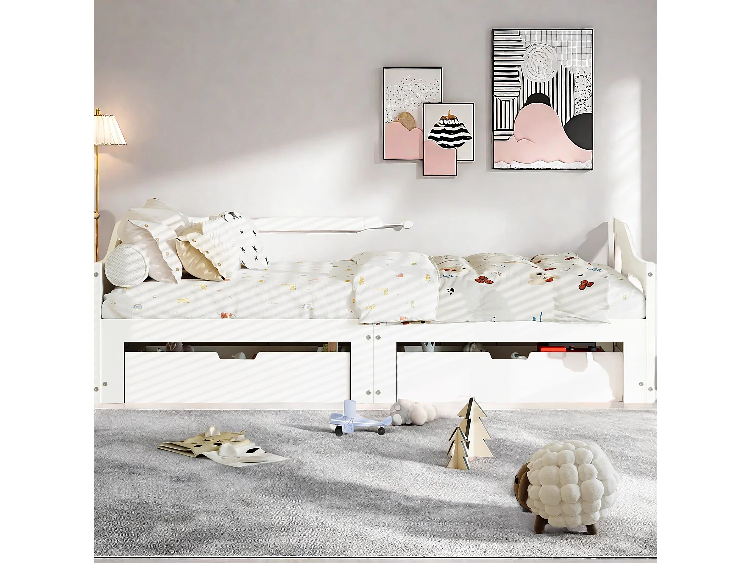 Canapé-lit en bois massif 90x200 cm avec 2 tiroirs, extensible en lit double 180x200 cm, pratique et solide