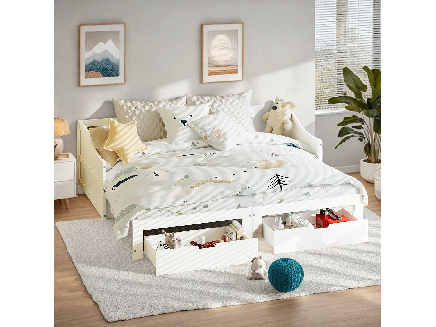 Canapé-lit en bois massif 90x200 cm avec 2 tiroirs, extensible en lit double 180x200 cm, pratique et solide