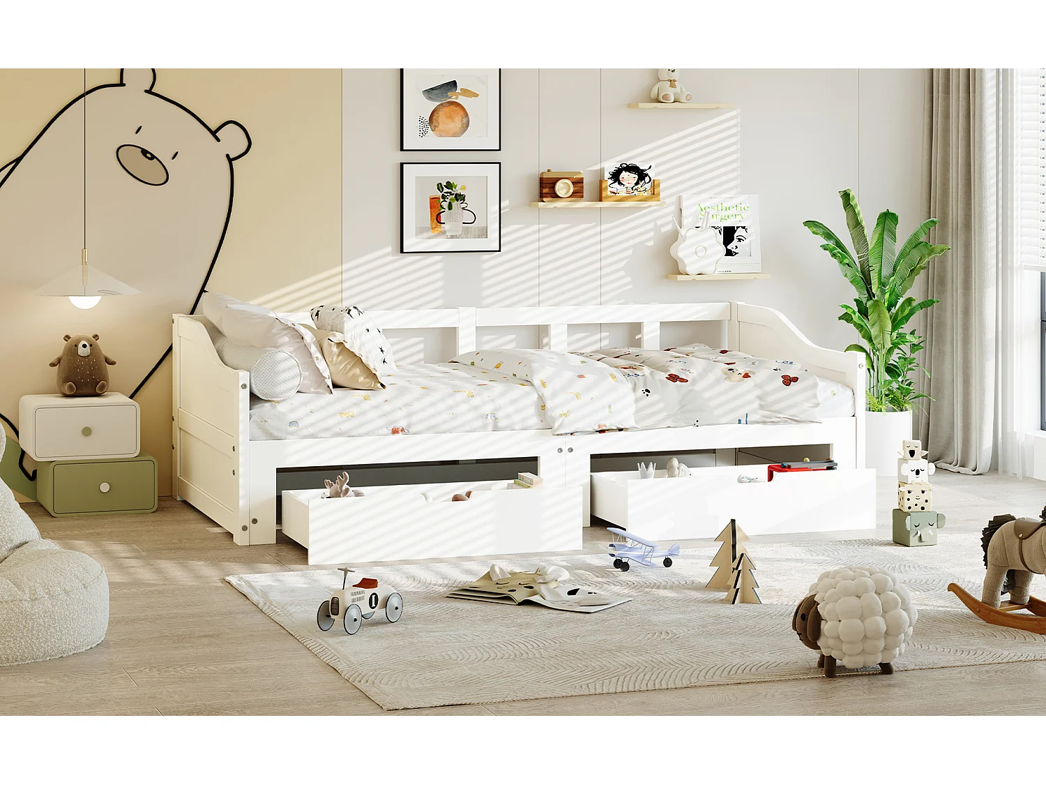 Canapé-lit en bois massif 90x200 cm avec 2 tiroirs, extensible en lit double 180x200 cm, pratique et solide