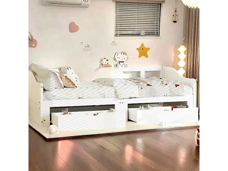 Sofá-cama de 90x200 cm em madeira maciça com 2 gavetas, extensível para uma cama de casal de 180x200 cm, prático e resistente