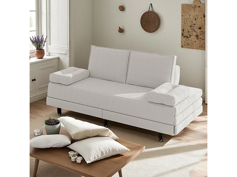Sofá-cama de 90x200 cm em tecido branco, extensível para 180x200 cm, dobrável e prático para economizar espaço