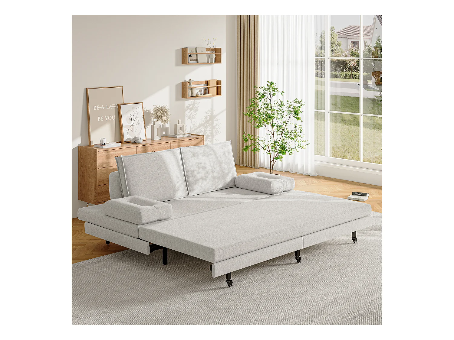 Divano letto 90x200 cm in tessuto bianco, trasformabile a 180x200 cm, pieghevole e pratico per risparmiare spazio