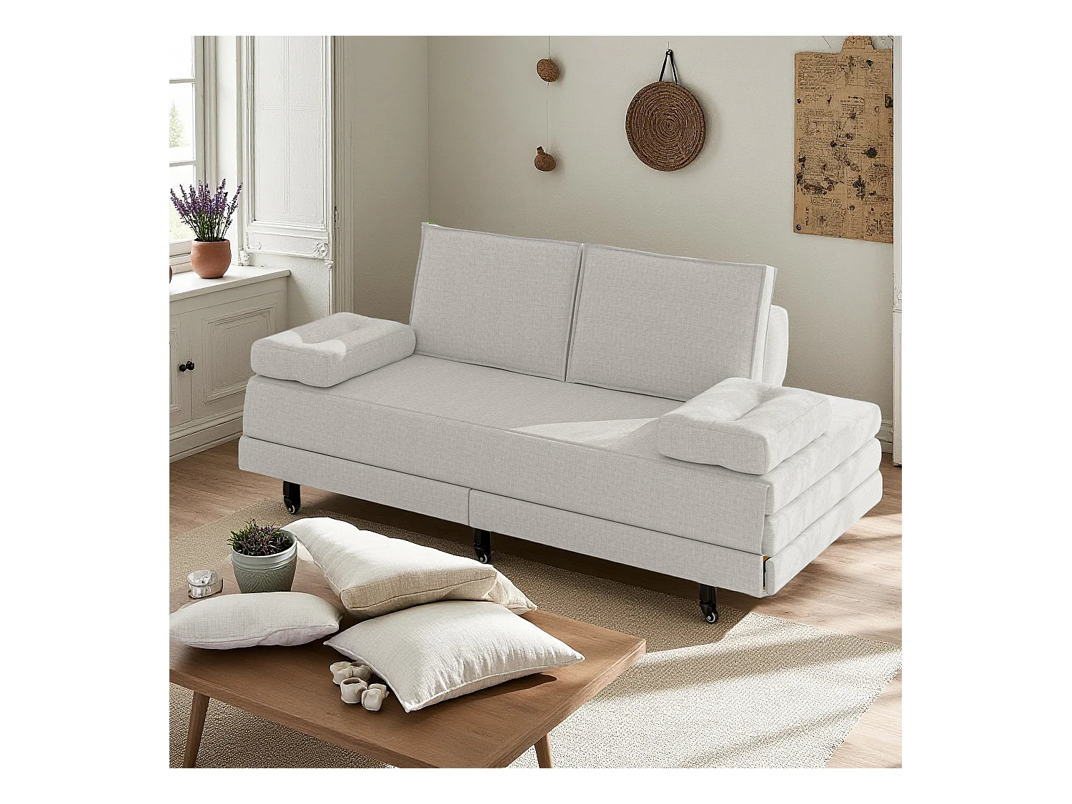 Canapé-lit en tissu blanc 90x200 cm, extensible jusqu’à 180x200 cm, pliable et pratique pour gain de place