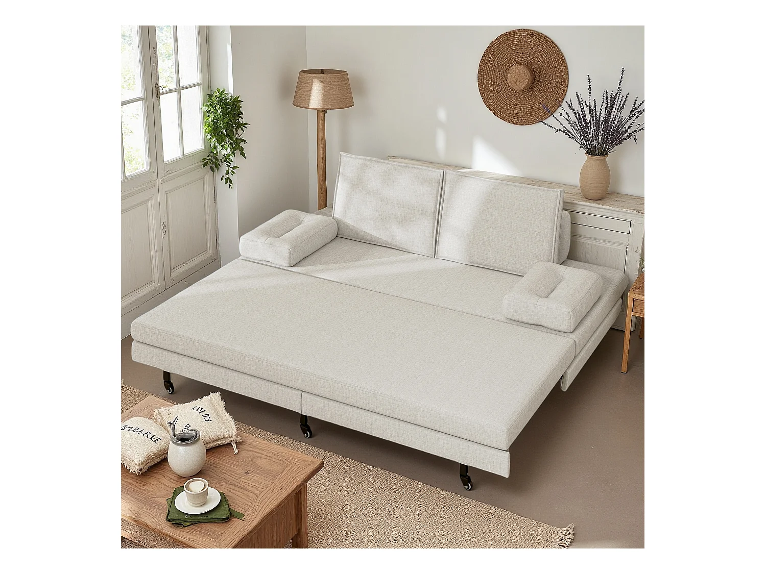 Canapé-lit en tissu blanc 90x200 cm, extensible jusqu’à 180x200 cm, pliable et pratique pour gain de place