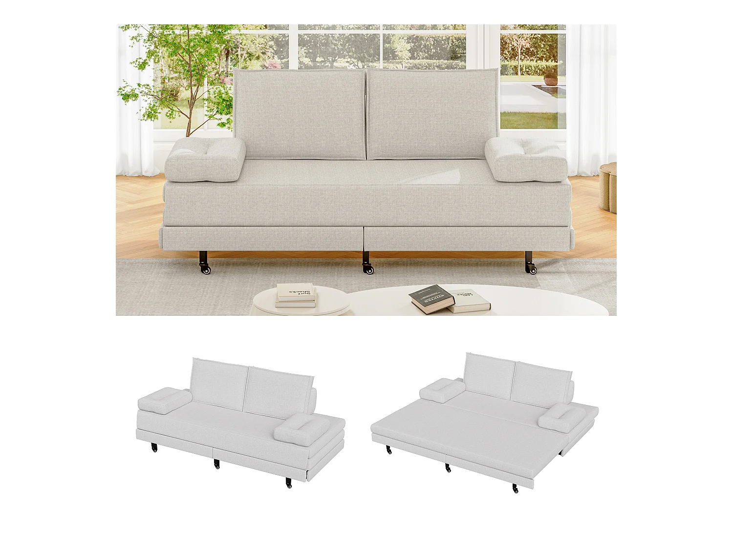 Canapé-lit en tissu blanc 90x200 cm, extensible jusqu’à 180x200 cm, pliable et pratique pour gain de place