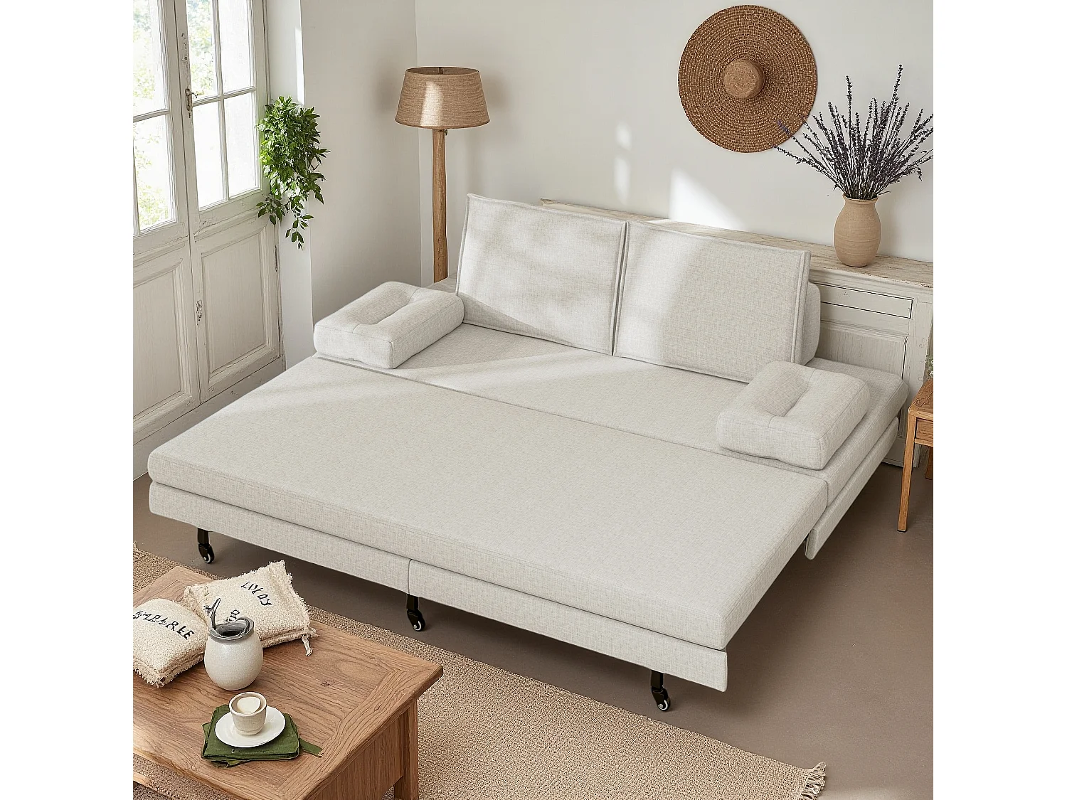 Canapé-lit en tissu blanc 90x200 cm, extensible jusqu’à 180x200 cm, pliable et pratique pour gain de place