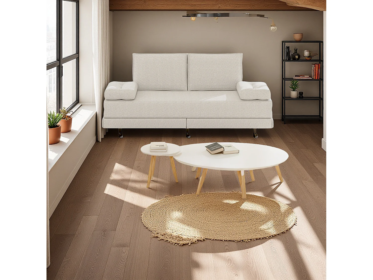 Canapé-lit en tissu blanc 90x200 cm, extensible jusqu’à 180x200 cm, pliable et pratique pour gain de place