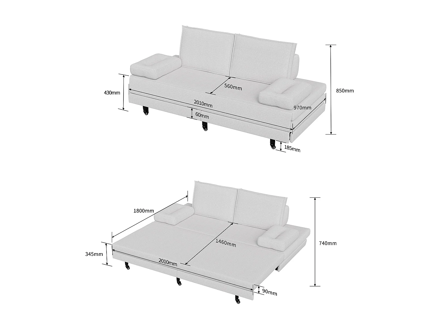 Canapé-lit en tissu blanc 90x200 cm, extensible jusqu’à 180x200 cm, pliable et pratique pour gain de place